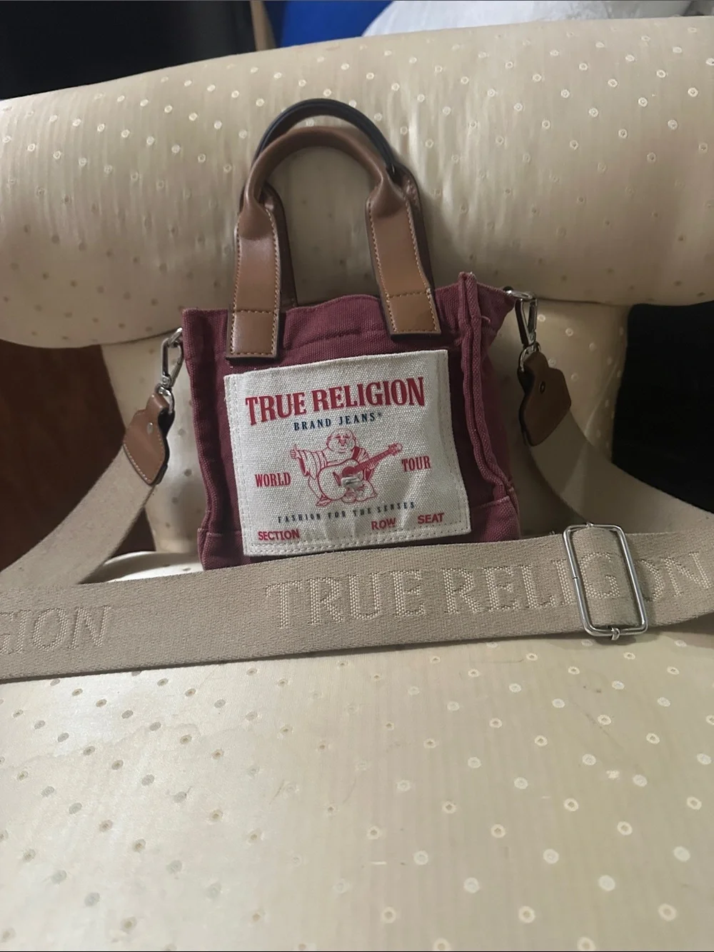 True Religion unisex Burgundy Canvas Messenger Bag with Beige Strap